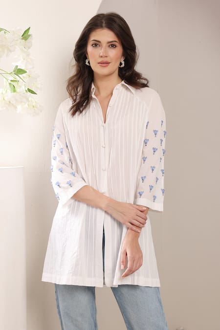 Shop_Saaj By Ankita_White Cotton Embroidery Collared Shirt _Online_at_Aza_Fashions