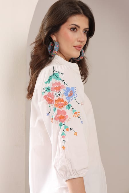Buy_Saaj By Ankita_White Cotton Embroidery Collared Tangerine Folklore Shirt _Online_at_Aza_Fashions
