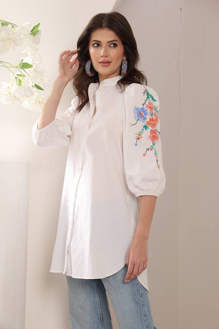 Shop_Saaj By Ankita_White Cotton Embroidery Collared Tangerine Folklore Shirt _Online_at_Aza_Fashions