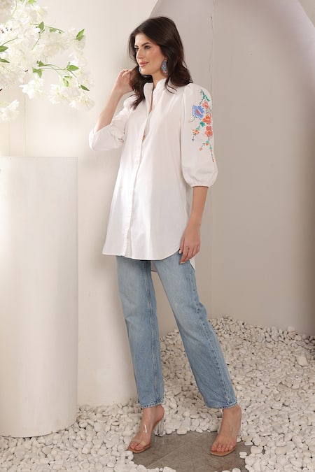 Saaj By Ankita_White Cotton Embroidery Collared Tangerine Folklore Shirt _at_Aza_Fashions