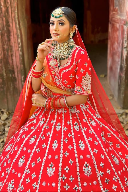Amaltas Couture_Red Silk, Net Pearls, Mirrors, Embroidery V-neck Zardozi Bridal Lehenga Set _Online_at_Aza_Fashions