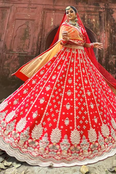 Buy_Amaltas Couture_Red Silk, Net Pearls, Mirrors, Embroidery V-neck Zardozi Bridal Lehenga Set _Online_at_Aza_Fashions