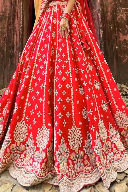 Shop_Amaltas Couture_Red Silk, Net Pearls, Mirrors, Embroidery V-neck Zardozi Bridal Lehenga Set _Online_at_Aza_Fashions