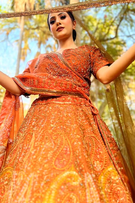 Amaltas Couture_Orange Silk, Net, Organza Zari, Beads, Embroidery Burnt Zardozi Lehenga Set _Online_at_Aza_Fashions