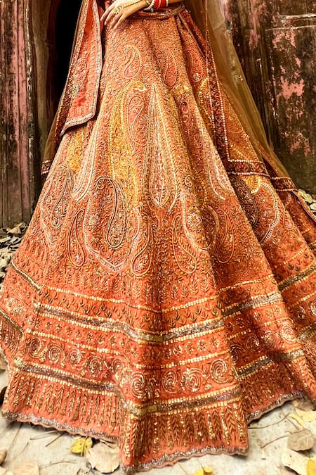 Buy_Amaltas Couture_Orange Silk, Net, Organza Zari, Beads, Embroidery Burnt Zardozi Lehenga Set _Online_at_Aza_Fashions