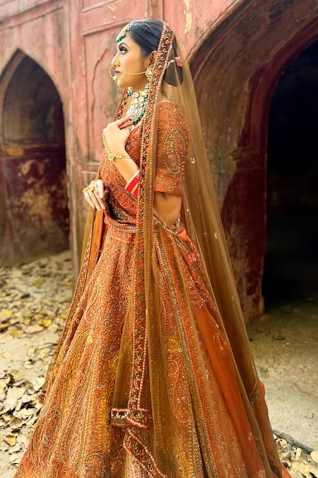 Shop_Amaltas Couture_Orange Silk, Net, Organza Zari, Beads, Embroidery Burnt Zardozi Lehenga Set _Online_at_Aza_Fashions