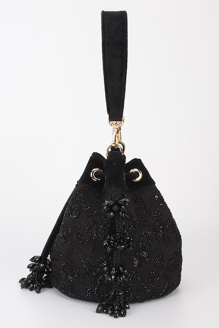 Varun Bahl_Black Beads, Tassels Embroidered Velvet Potli _Online_at_Aza_Fashions