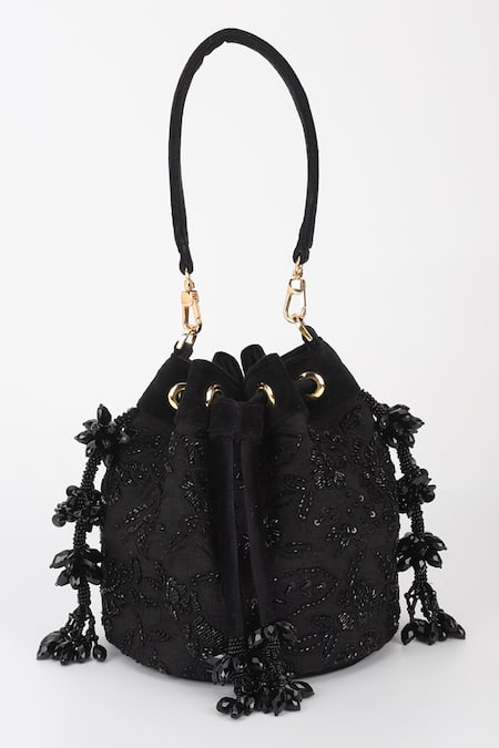 Buy_Varun Bahl_Black Beads, Tassels Embroidered Velvet Potli _Online_at_Aza_Fashions