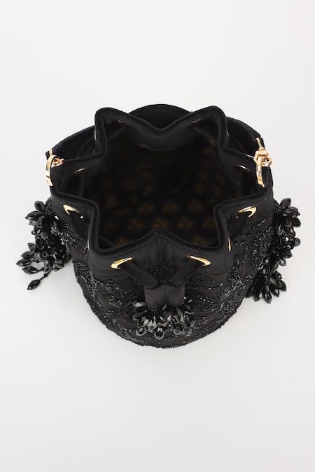 Shop_Varun Bahl_Black Beads, Tassels Embroidered Velvet Potli _Online_at_Aza_Fashions
