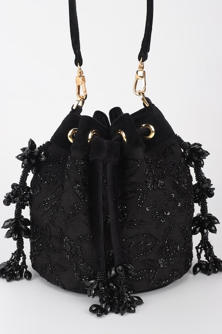 Varun Bahl_Black Beads, Tassels Embroidered Velvet Potli _at_Aza_Fashions