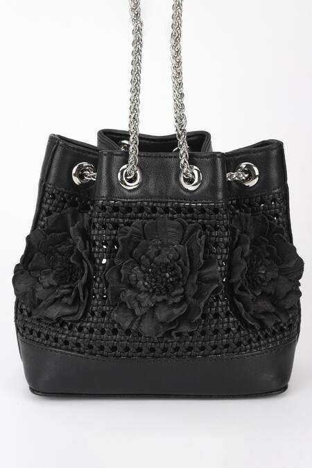 Shop_Varun Bahl_Black Fabric Flowers Floral Weave Leather Potli _Online_at_Aza_Fashions