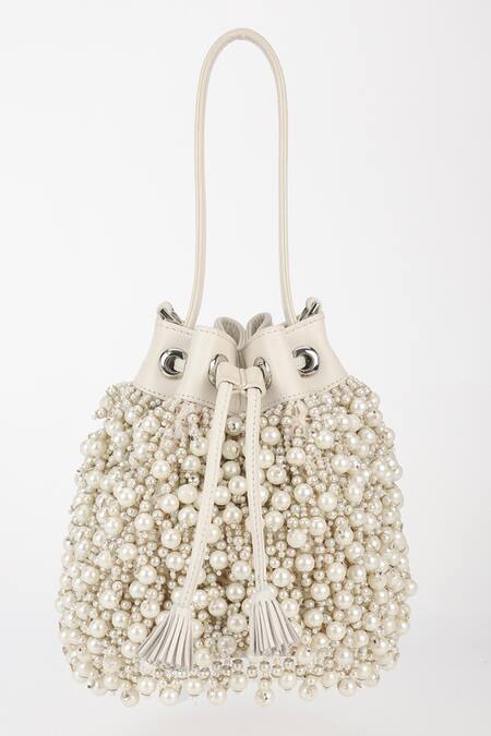 Varun Bahl_Ivory Pearls Dream Leather Potli Handbag _Online_at_Aza_Fashions