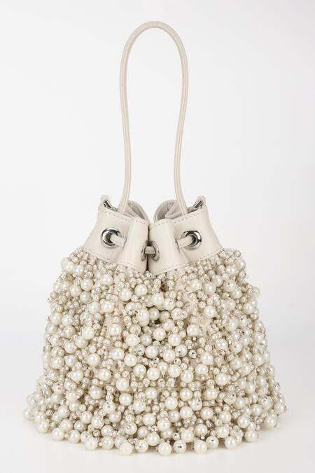 Shop_Varun Bahl_Ivory Pearls Dream Leather Potli Handbag _Online_at_Aza_Fashions
