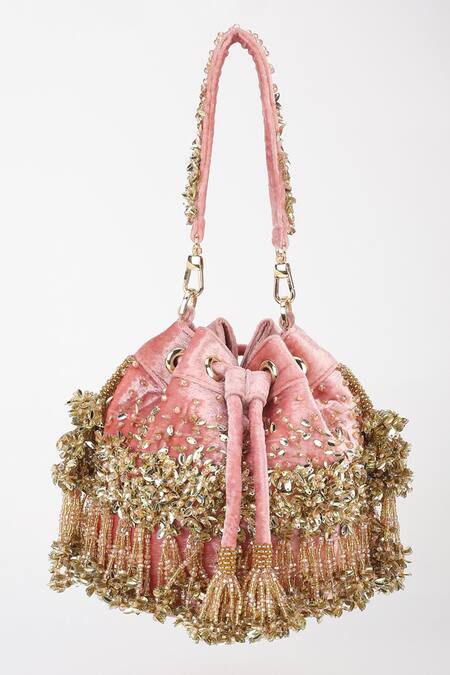 Shop_Varun Bahl_Rose Gold Sequins, Tassels Glimmer Potli _Online_at_Aza_Fashions