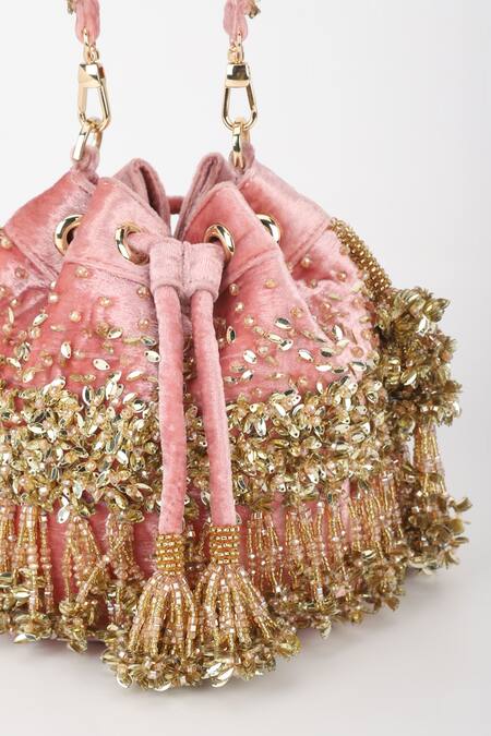 Varun Bahl_Rose Gold Sequins, Tassels Glimmer Potli _at_Aza_Fashions