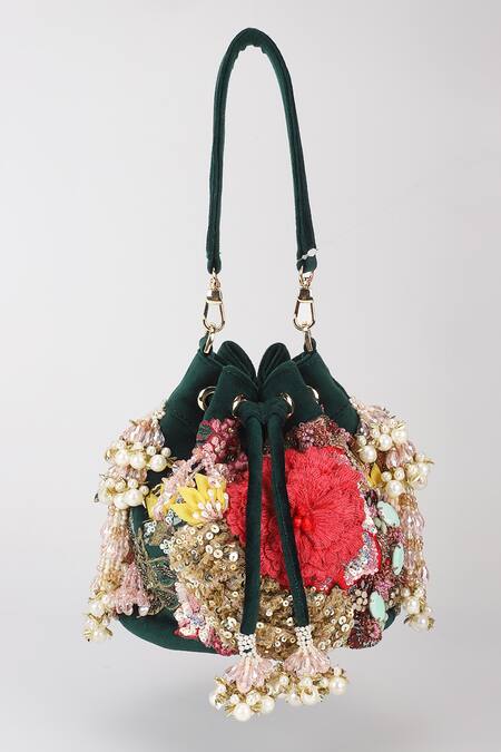 Varun Bahl_Emerald Green Embroidery, Sequins Royal Garden Velvet Potli Bag _Online_at_Aza_Fashions