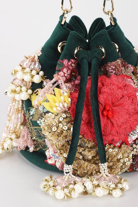 Buy_Varun Bahl_Emerald Green Embroidery, Sequins Royal Garden Velvet Potli Bag _Online_at_Aza_Fashions