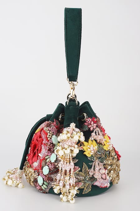 Shop_Varun Bahl_Emerald Green Embroidery, Sequins Royal Garden Velvet Potli Bag _Online_at_Aza_Fashions