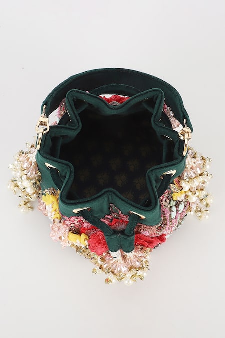 Varun Bahl_Emerald Green Embroidery, Sequins Royal Garden Velvet Potli Bag _at_Aza_Fashions