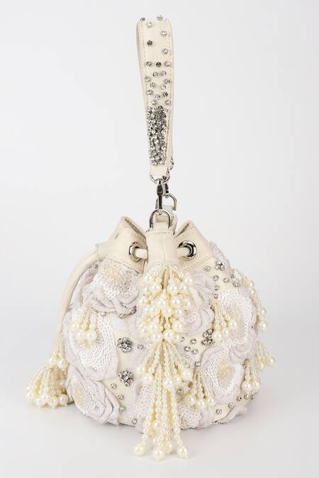 Varun Bahl_Ivory Embroidery, Pearls, Rhinestones Snow Blossom Potli Bag _Online_at_Aza_Fashions