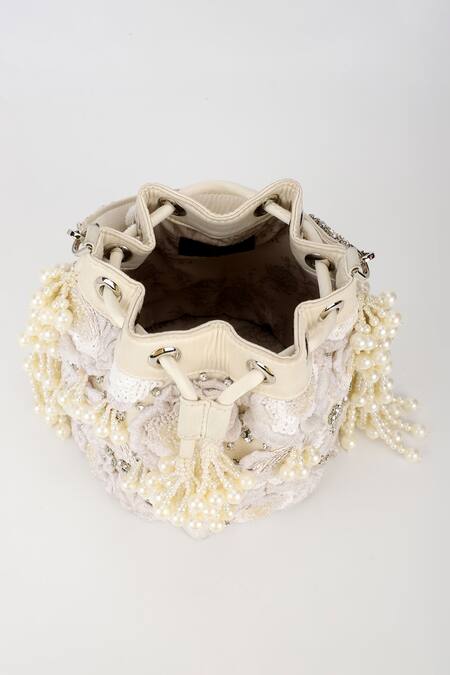 Buy_Varun Bahl_Ivory Embroidery, Pearls, Rhinestones Snow Blossom Potli Bag _Online_at_Aza_Fashions