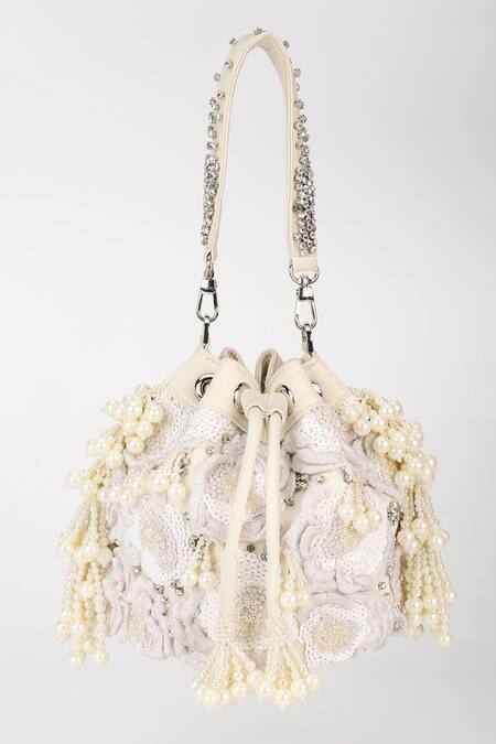 Shop_Varun Bahl_Ivory Embroidery, Pearls, Rhinestones Snow Blossom Potli Bag _Online_at_Aza_Fashions