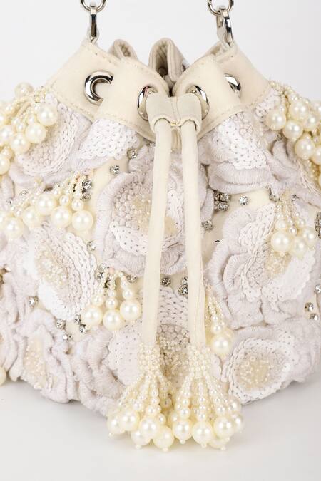 Varun Bahl_Ivory Embroidery, Pearls, Rhinestones Snow Blossom Potli Bag _at_Aza_Fashions