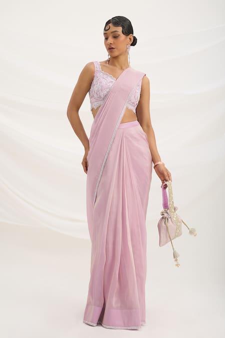 Mirroir Lilac Viscose, Crepe, Tissue Sequins, Embroidery Purple Pre-draped Saree Set 
