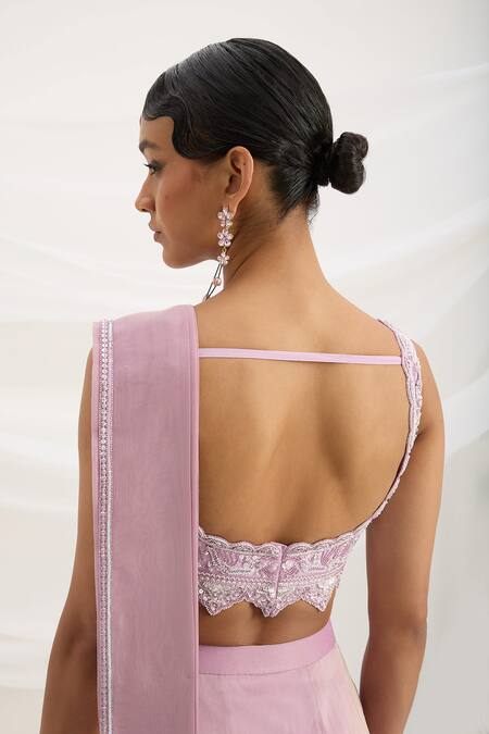 Mirroir_Lilac Viscose, Crepe, Tissue Sequins, Embroidery Purple Pre-draped Saree Set _Online_at_Aza_Fashions