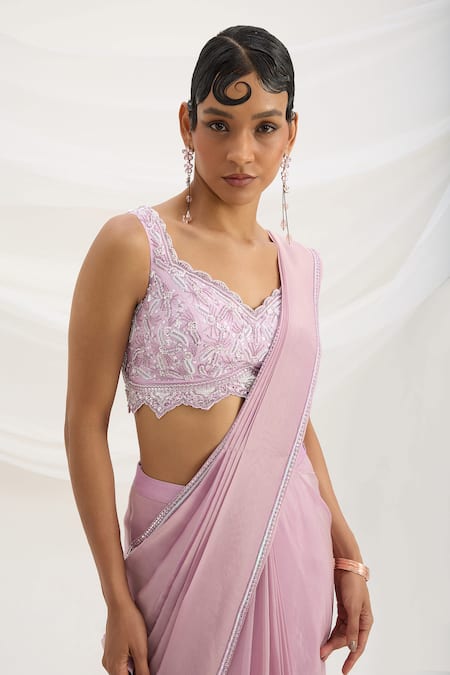 Buy_Mirroir_Lilac Viscose, Crepe, Tissue Sequins, Embroidery Purple Pre-draped Saree Set _Online_at_Aza_Fashions