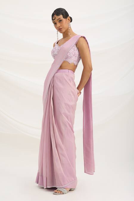 Shop_Mirroir_Lilac Viscose, Crepe, Tissue Sequins, Embroidery Purple Pre-draped Saree Set _Online_at_Aza_Fashions