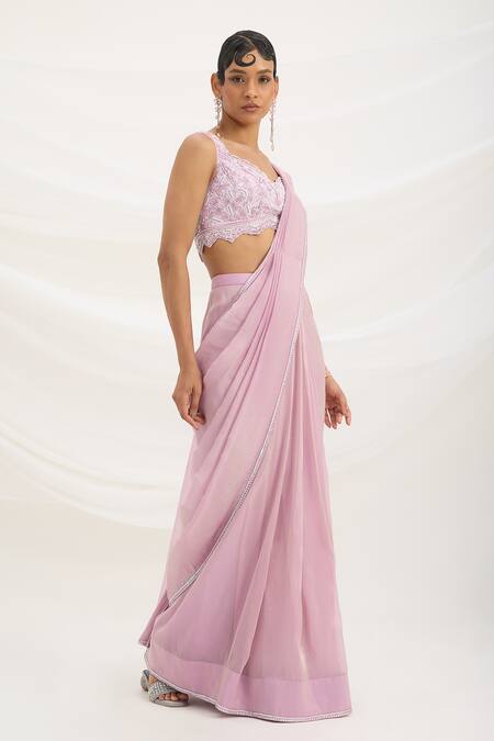 Mirroir_Lilac Viscose, Crepe, Tissue Sequins, Embroidery Purple Pre-draped Saree Set _at_Aza_Fashions