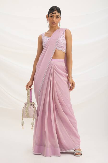 Buy_Mirroir_Lilac Viscose, Crepe, Tissue Sequins, Embroidery Purple Pre-draped Saree Set 