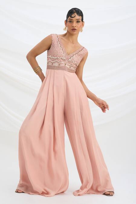 Shop_Mirroir_Peach Viscose, Crepe Sequins V-neck Embroidered Pink Jumpsuit _Online_at_Aza_Fashions