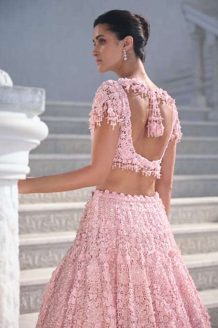 Seema Gujral_Pink Net Embroidery V-neck Cut Work Lehenga Set _Online_at_Aza_Fashions