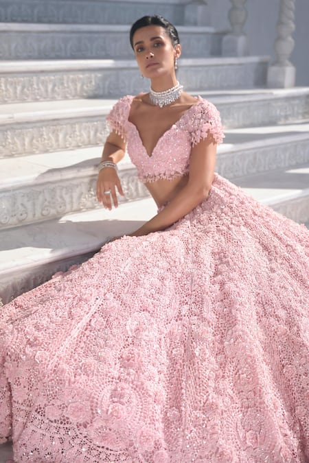 Buy_Seema Gujral_Pink Net Embroidery V-neck Cut Work Lehenga Set _Online_at_Aza_Fashions