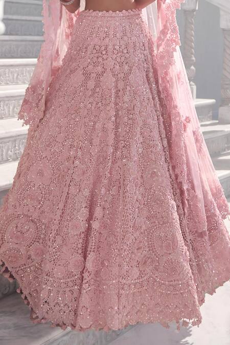 Seema Gujral_Pink Net Embroidery V-neck Cut Work Lehenga Set _at_Aza_Fashions
