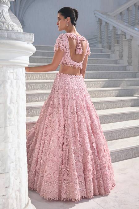 Buy_Seema Gujral_Pink Net Embroidery V-neck Cut Work Lehenga Set 