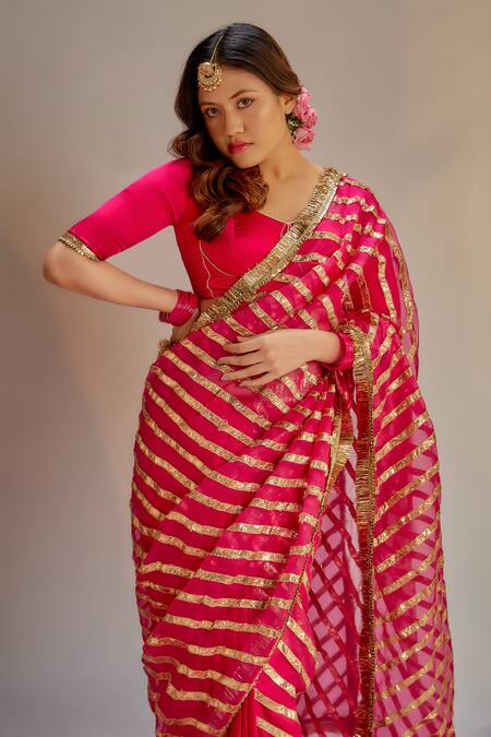 Buy Ranbir Mukherjee Calcutta Pink Modal Gota Patti Rani Silk Saree Set Online at Aza Fashions Buy_Ranbir Mukherjee Calcutta_Pink Modal Gota Patti Rani Silk Saree Set _Online_at_Aza_Fashions