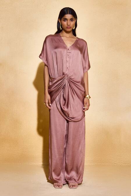 Echostudio_Brown Satin V-neck Mocha Top _Online_at_Aza_Fashions