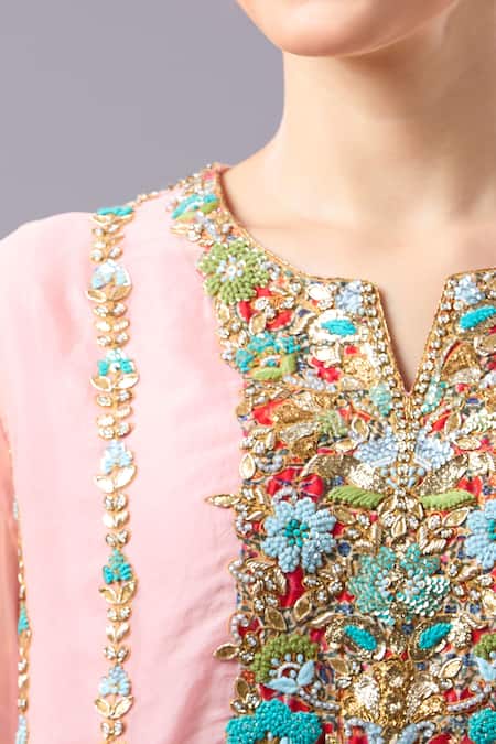 Shop Debyani + CO Pink Silk Beads, Embroidery Round Neck Floral Kurta Set Online at Aza Fashions Shop_Debyani + CO_Pink Silk Beads, Embroidery Round Neck Floral Kurta Set _Online_at_Aza_Fashions