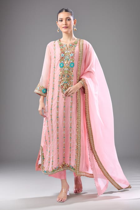 Debyani + CO Floral Embroidered Pink Kurta Set 
