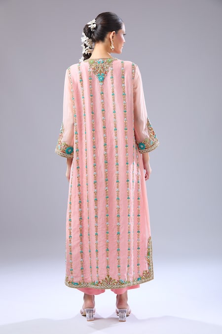 Shop Debyani + CO Pink Silk Beads, Embroidery Round Neck Floral Kurta Set at Aza Fashions Shop_Debyani + CO_Pink Silk Beads, Embroidery Round Neck Floral Kurta Set _at_Aza_Fashions