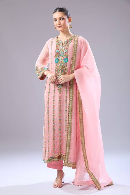 Debyani + CO Pink Silk Beads, Embroidery Round Neck Floral Kurta Set at Aza Fashions Debyani + CO_Pink Silk Beads, Embroidery Round Neck Floral Kurta Set _at_Aza_Fashions