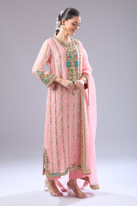 Buy Debyani + CO Pink Silk Beads, Embroidery Round Neck Floral Kurta Set Buy_Debyani + CO_Pink Silk Beads, Embroidery Round Neck Floral Kurta Set