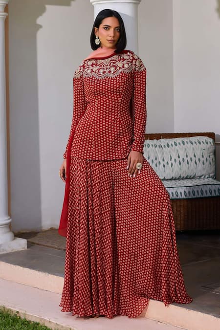 ISHA GUPTA TAYAL_Red Georgette, Organza, Satin Sequins, Sara Bandhani Pattern Kurta Sharara Set _at_Aza_Fashions