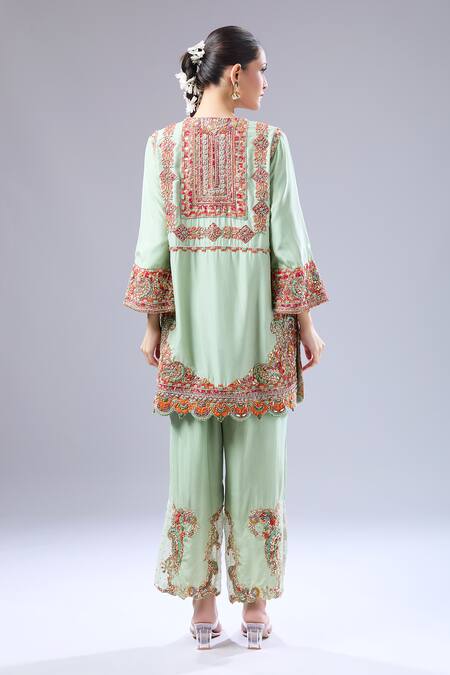Shop Debyani + CO Green Silk Embroidery Round Neck Chakarvyuk Kurta And Salwar at Aza Fashions Shop_Debyani + CO_Green Silk Embroidery Round Neck Chakarvyuk Kurta And Salwar _at_Aza_Fashions