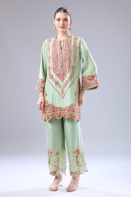 Debyani + CO Green Silk Embroidery Round Neck Chakarvyuk Kurta And Salwar Online at Aza Fashions Debyani + CO_Green Silk Embroidery Round Neck Chakarvyuk Kurta And Salwar _Online_at_Aza_Fashions