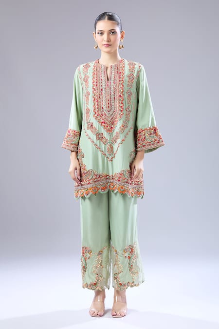 Buy Debyani + CO Green Silk Embroidery Round Neck Chakarvyuk Kurta And Salwar Online at Aza Fashions Buy_Debyani + CO_Green Silk Embroidery Round Neck Chakarvyuk Kurta And Salwar _Online_at_Aza_Fashions
