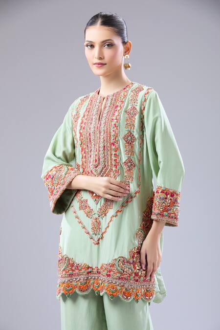 Debyani + CO Green Silk Embroidery Round Neck Chakarvyuk Kurta And Salwar at Aza Fashions Debyani + CO_Green Silk Embroidery Round Neck Chakarvyuk Kurta And Salwar _at_Aza_Fashions